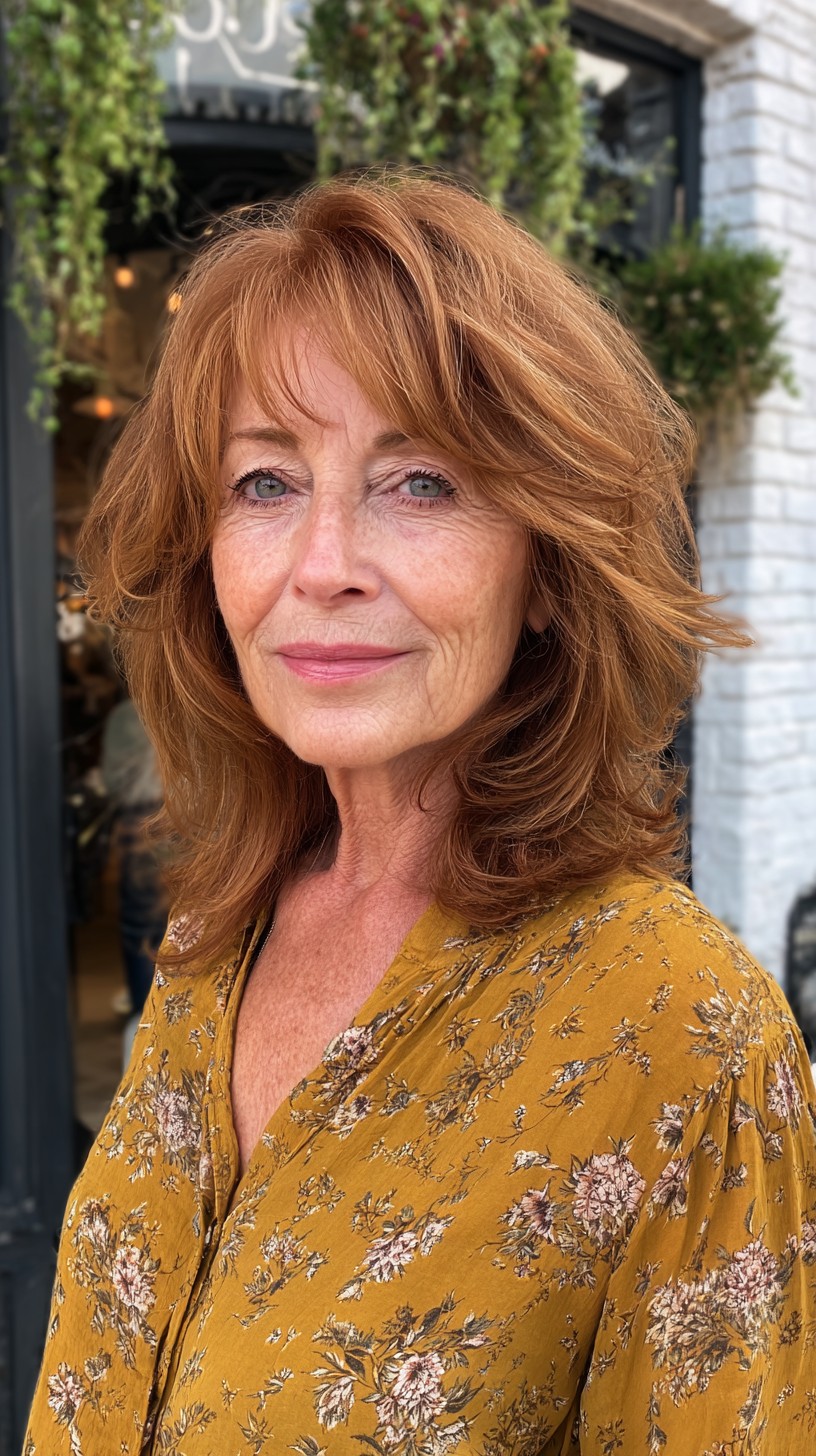 Root-Lifted Copper Mid-Length Feathered Shag with Side-Swept Fringe