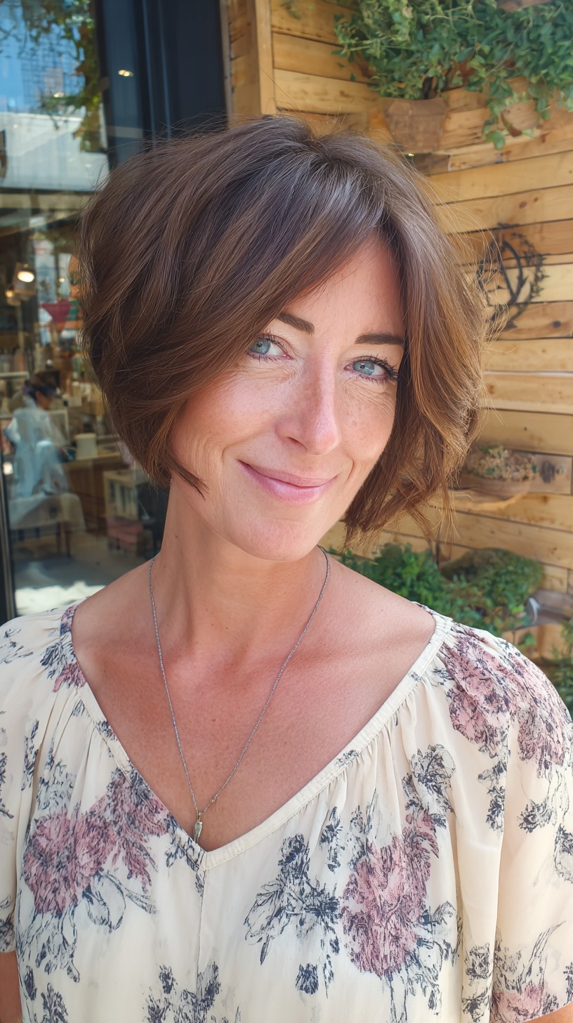 Root-Shadow Chestnut Chin-Length Layered Bob with Subtle Curtain Part