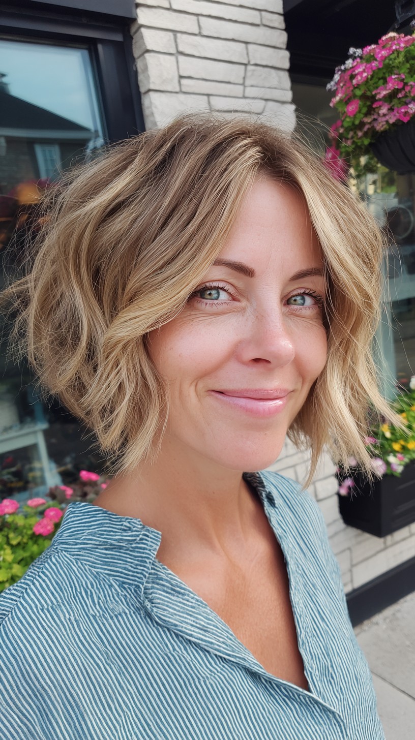 Rooted Sunlit Textured Chin-Grazing Bob with Soft Curtain Part