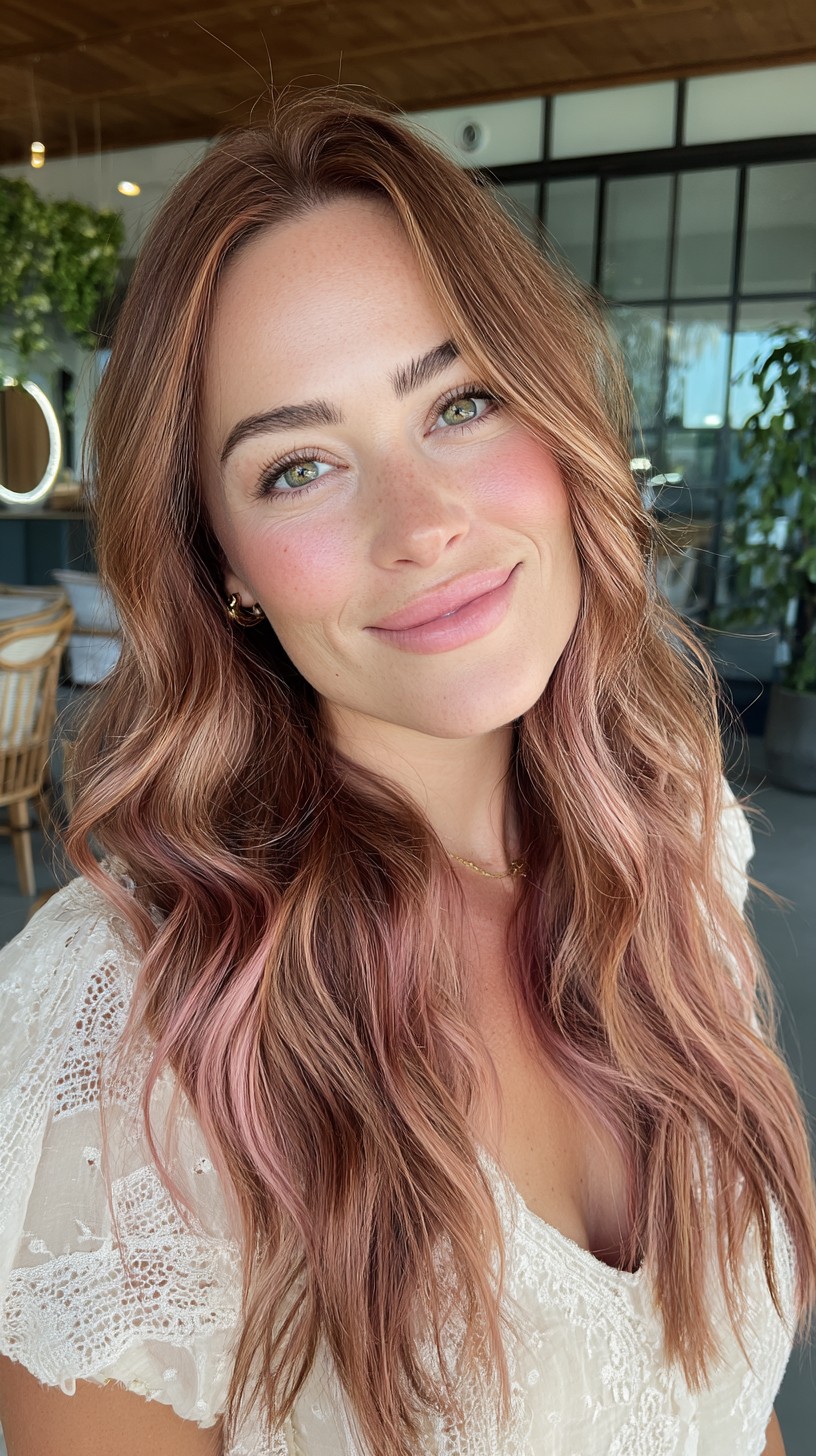 Rose-Gold Long Layers with Face-Framing Curtain Part