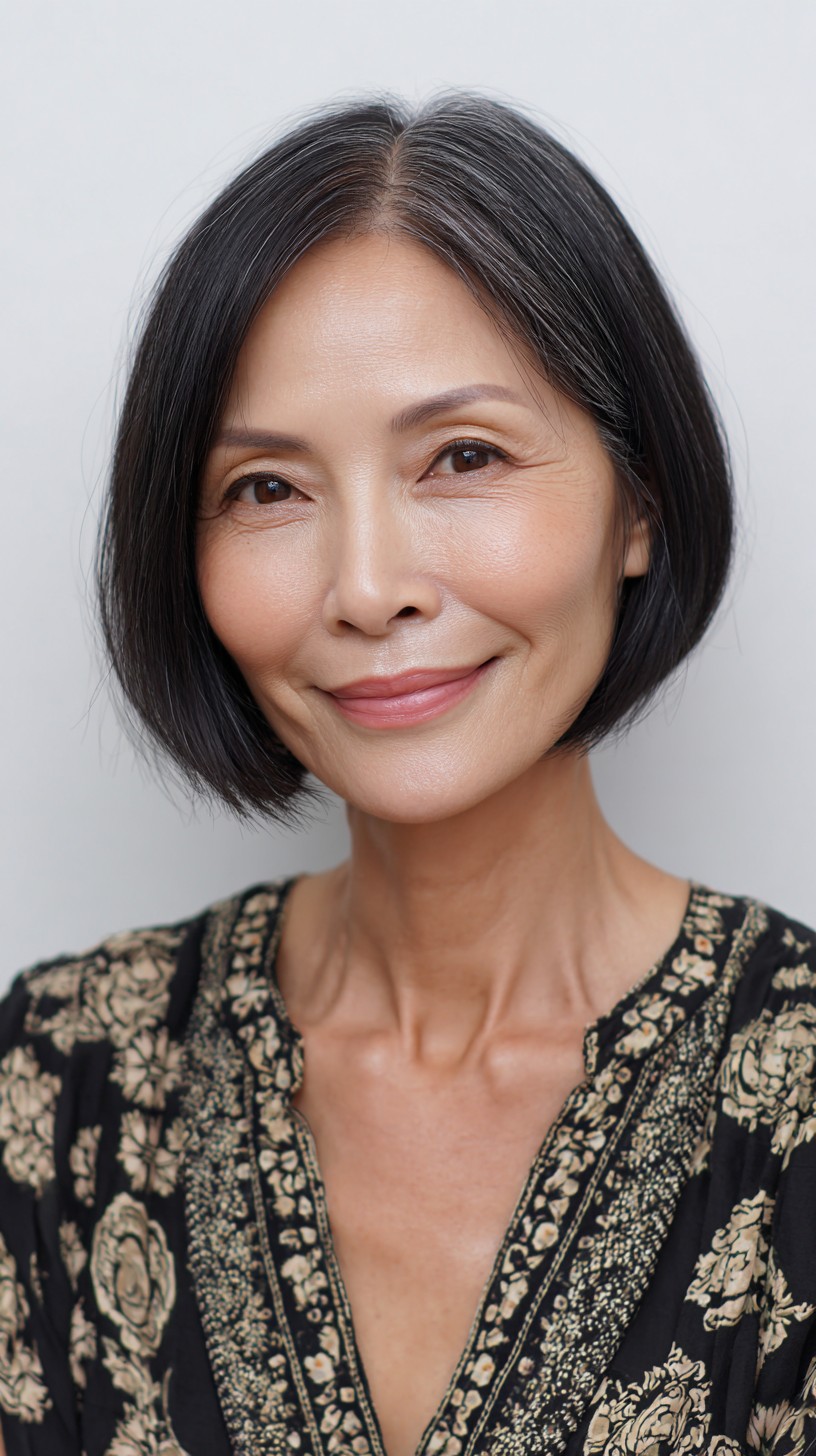 Rounded Chin-Length Bob with Center Part and Silver Parting Accents