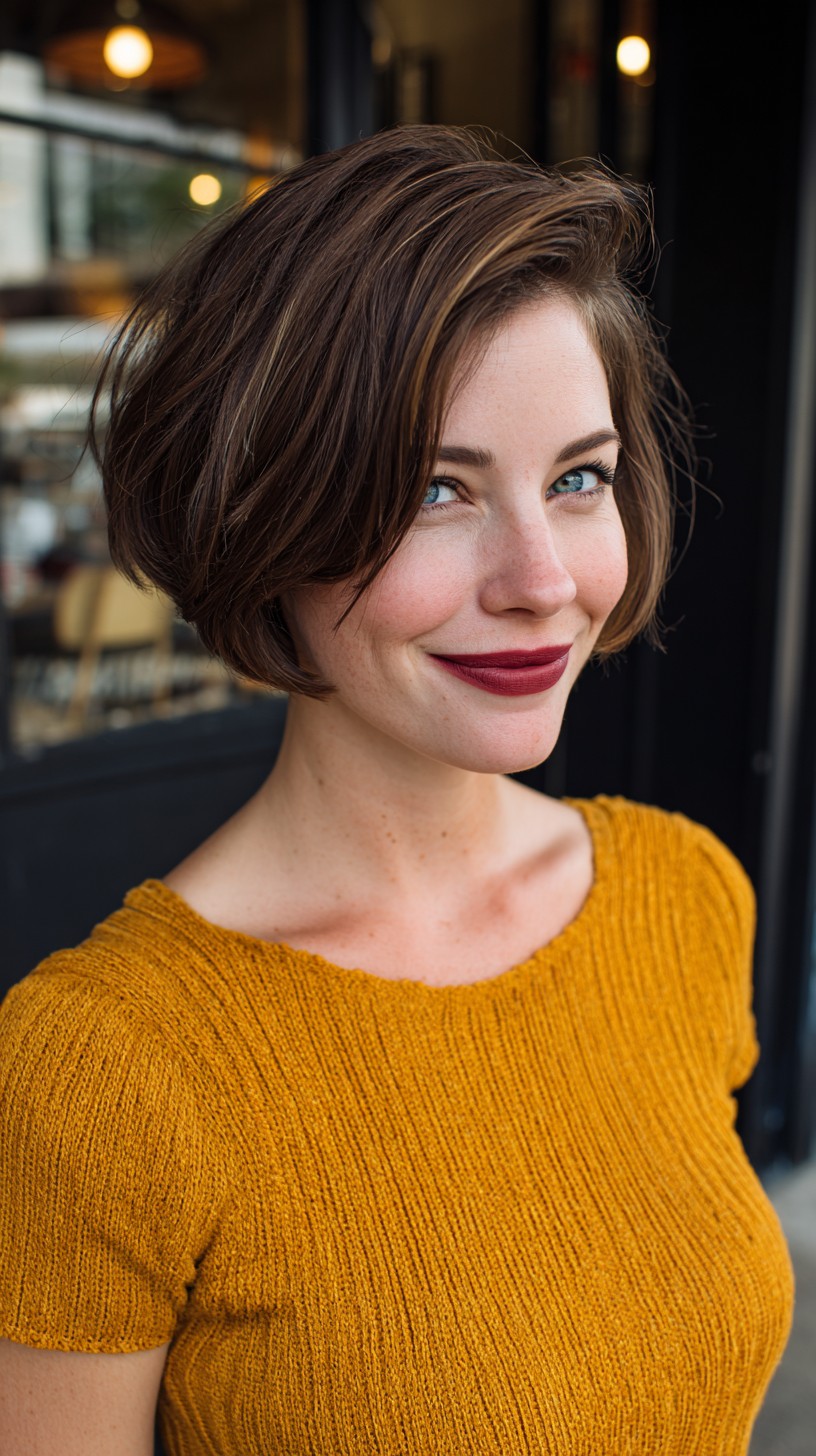 Rounded Chocolate Layered Bob with Deep Side Sweep