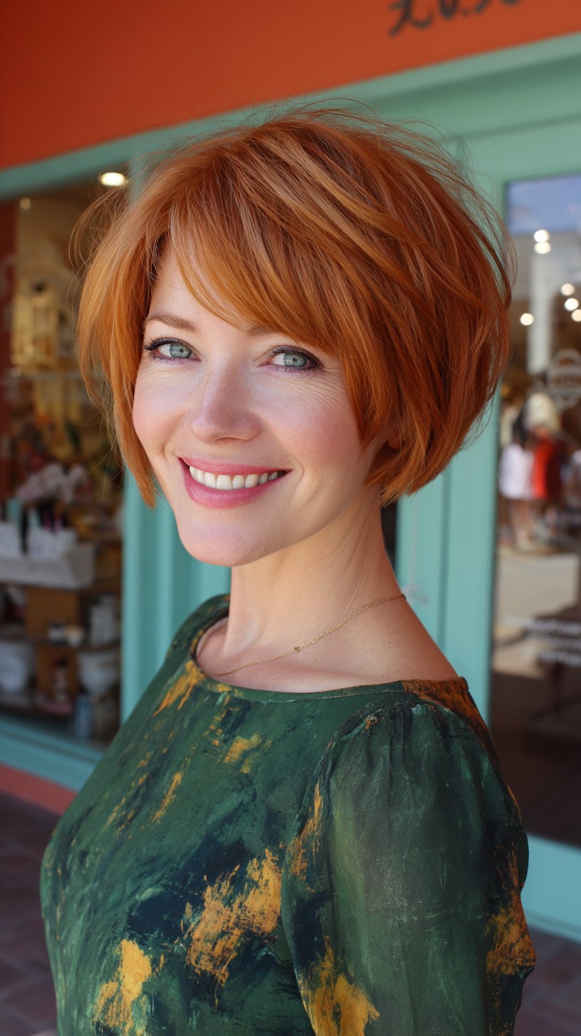 Rounded Copper Stacked Bob with Face-Framing Micro Layers