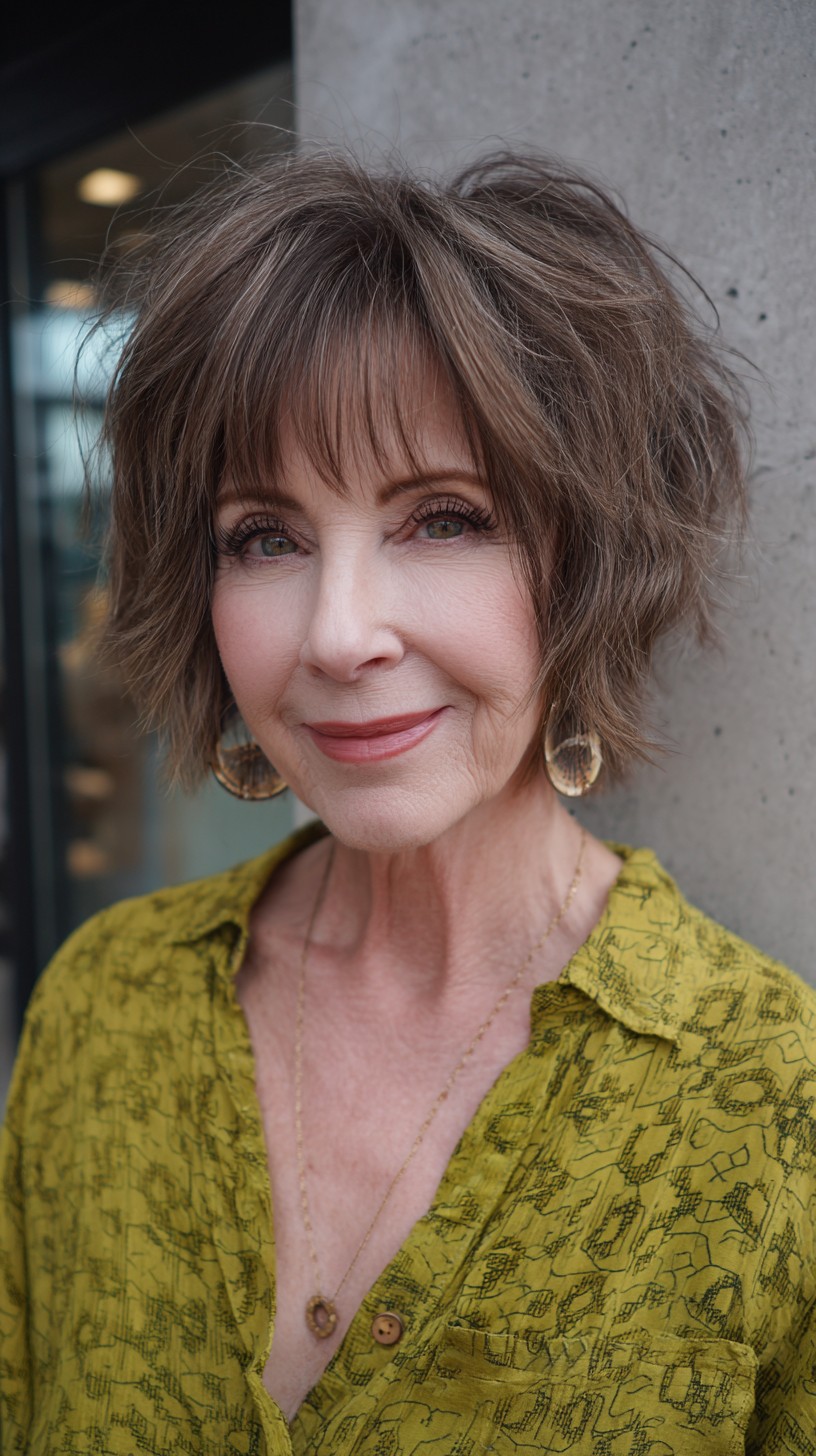Salt-and-Pepper Textured Chin-Length Shag with Wispy Bangs