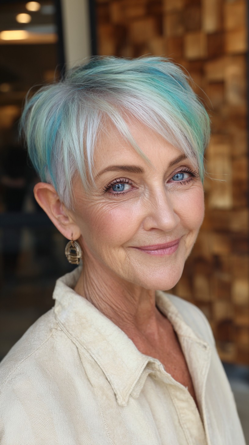 Salt-and-Teal Short Textured Pixie with Feathered Side Fringe