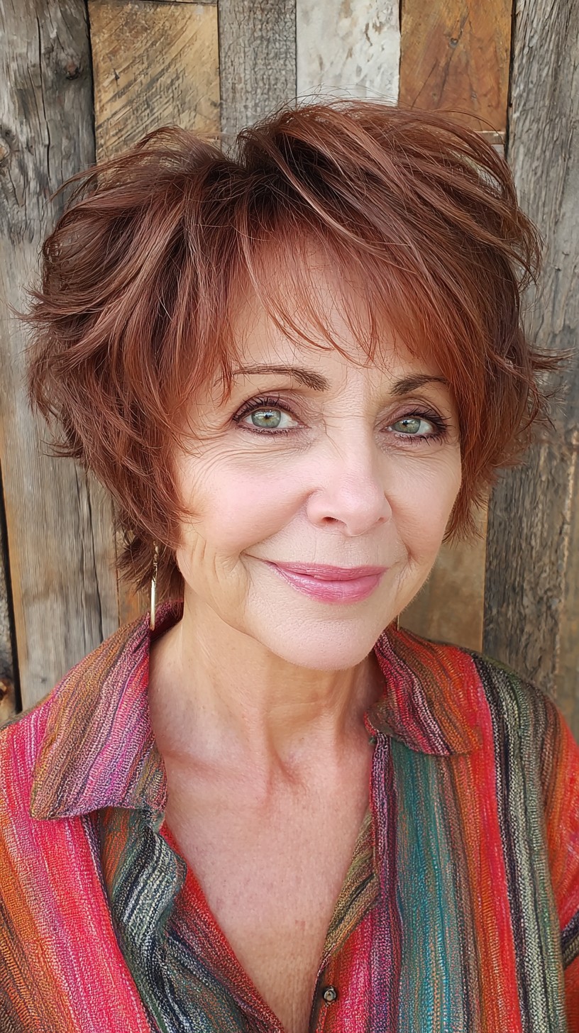 Short Copper Feathered Shag with Wispy Face-Framing Layers