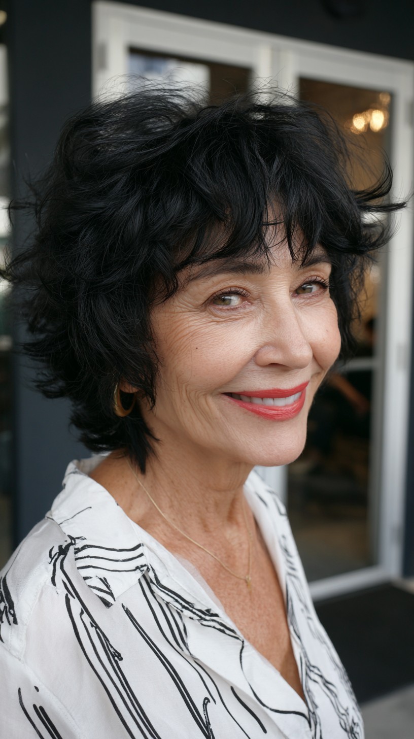Short Textured Black Shag with Wispy Curtain Fringe