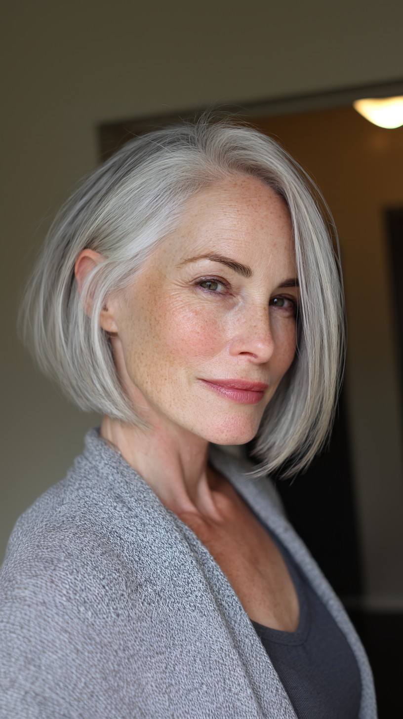 Silver Angled Chin-Length Bob with Soft Internal Graduation