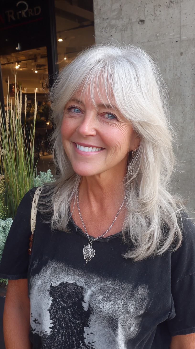 Silver Feathered Mid-Length Shag with Curtain Fringe
