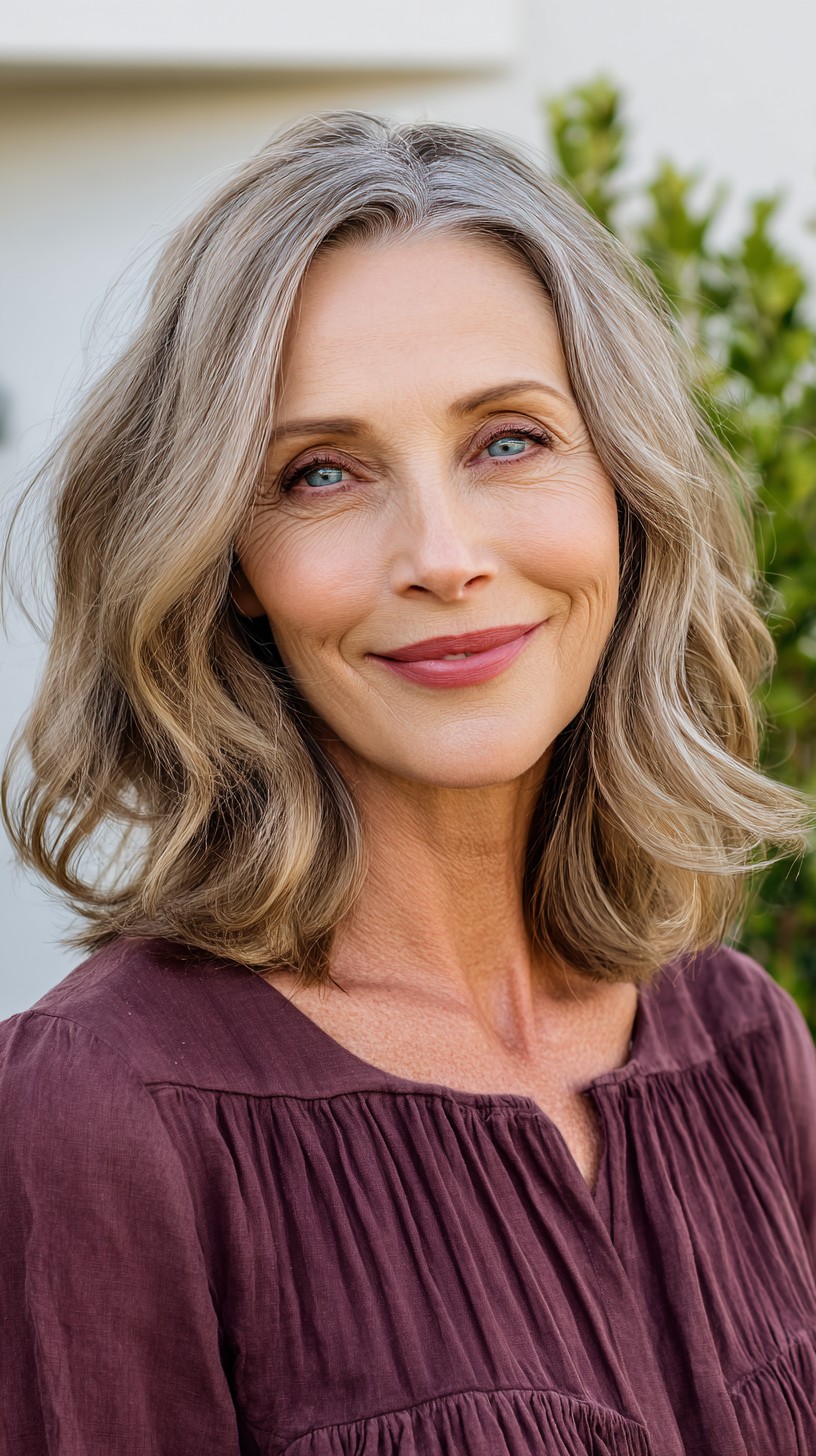 Silver Shoulder-Length Lob with Face-Framing Internal Layers
