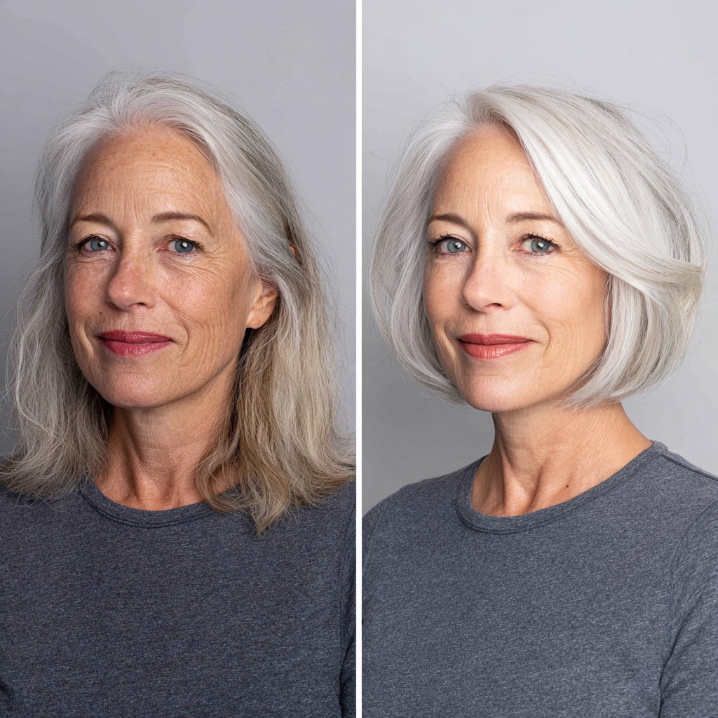 Silver Stacked Chin-Length Bob with Side-Swept Face Frame