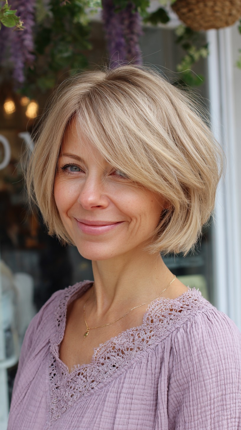 Soft-Beige Chin-Length Layered Bob with Face-Framing Curtain Bangs