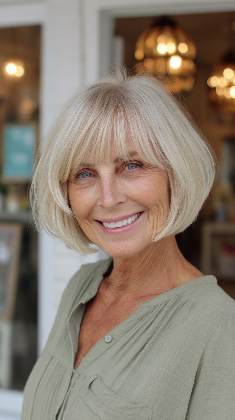 Soft Blunted Chin-Length Bob with Wispy Fringe and Interior Graduation