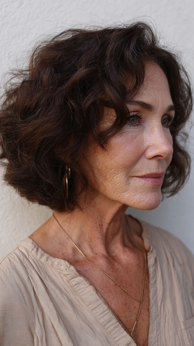 Soft Chestnut Curly Chin-Length Bob with Sculpted Crown Layers