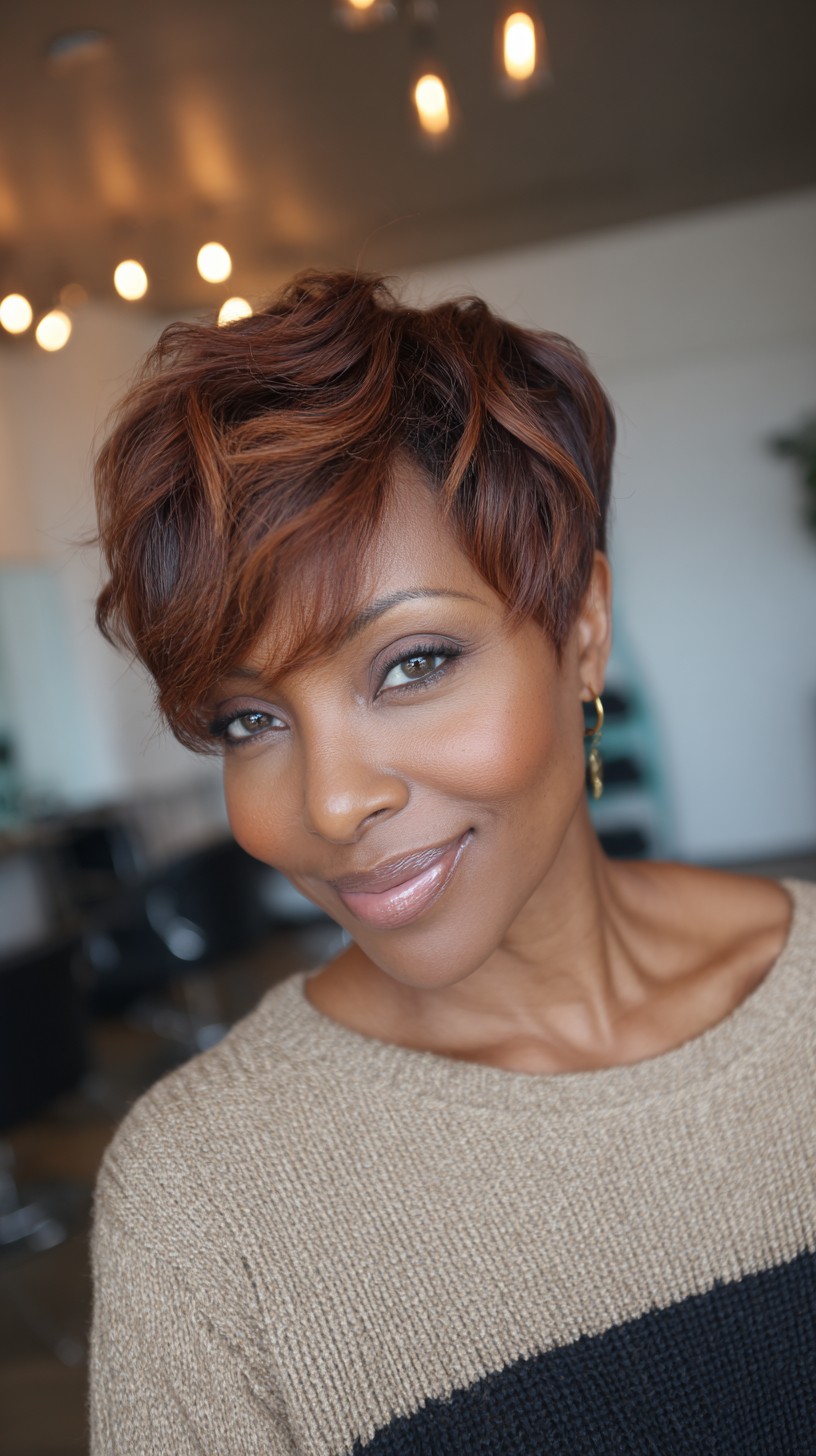 Soft Copper Layered Long Pixie with Face-Framing Fringe