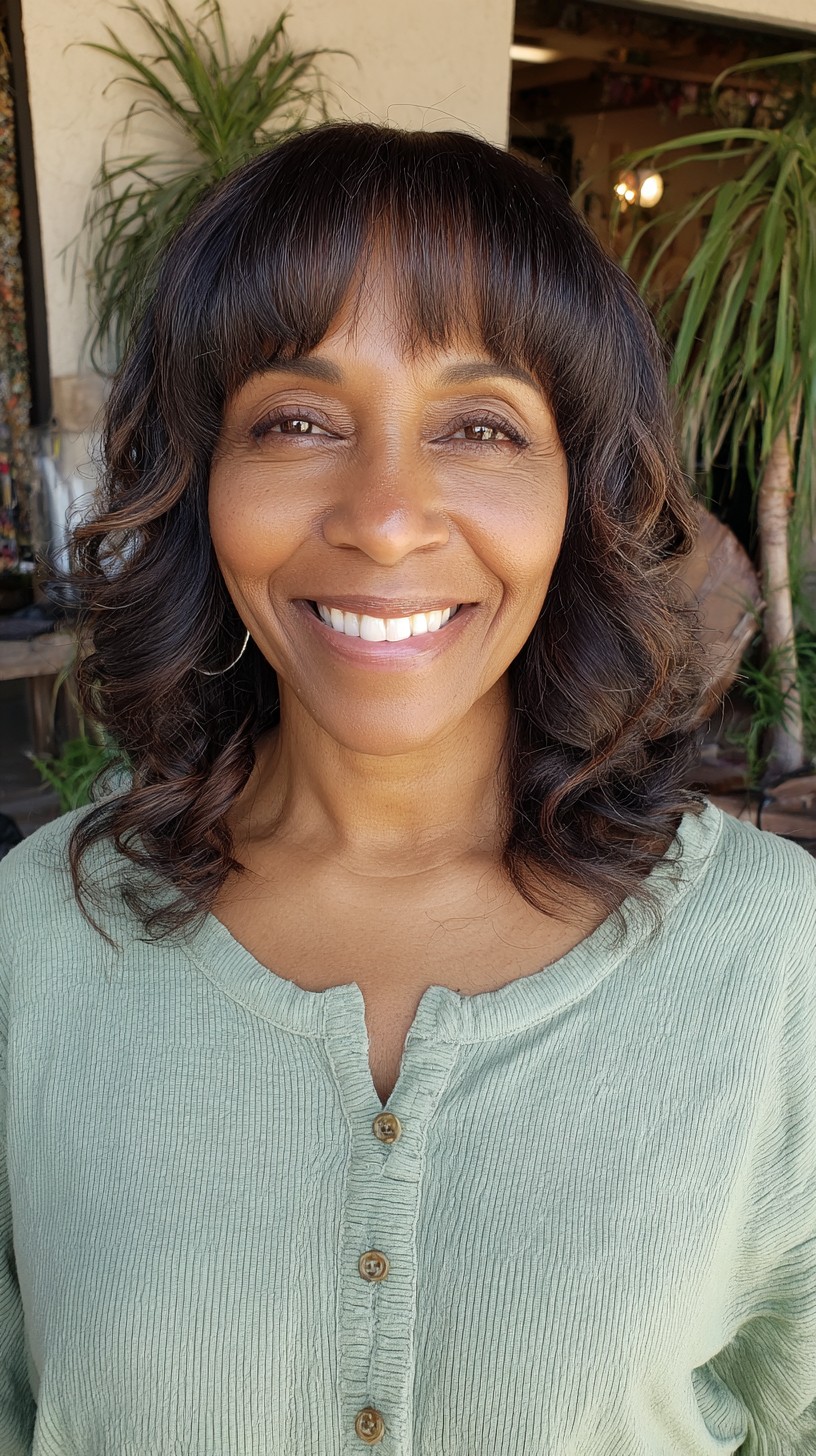 Soft Curtain Bangs with Shoulder-Length Wavy Layers