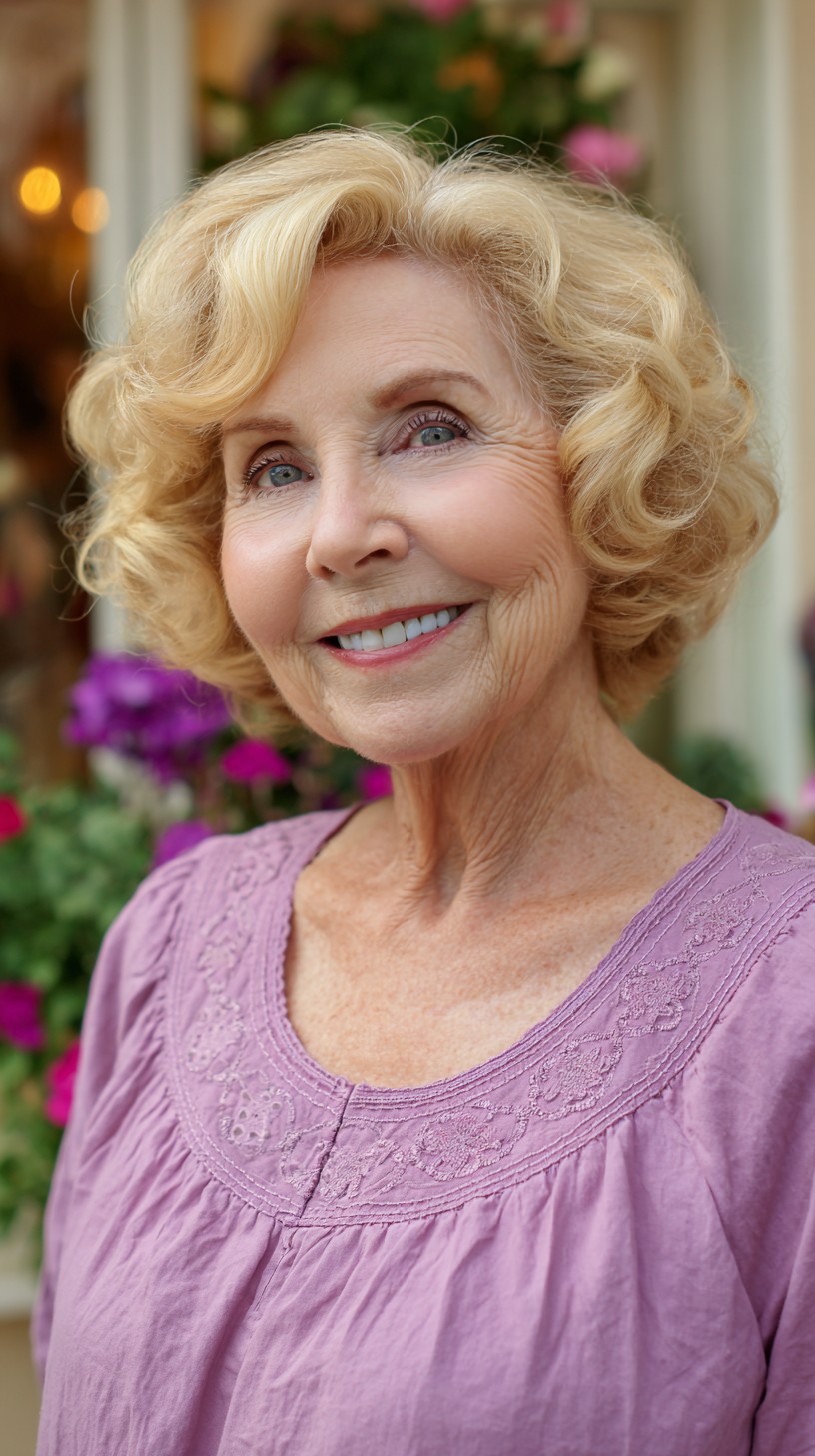 Soft Golden Curled Chin-Length Bob with Root Shadow