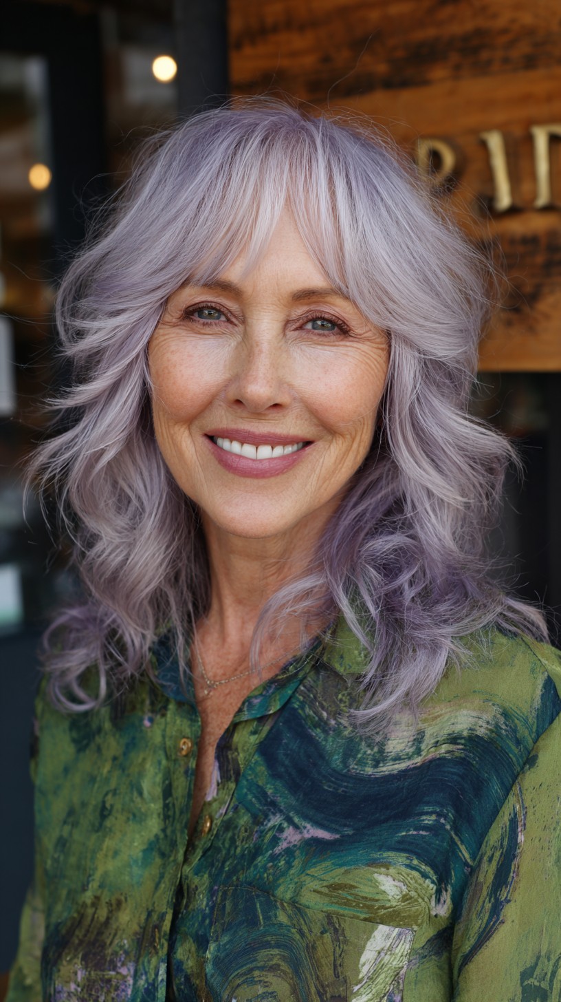 Soft Lavender Shag with Feathered Curtain Bangs