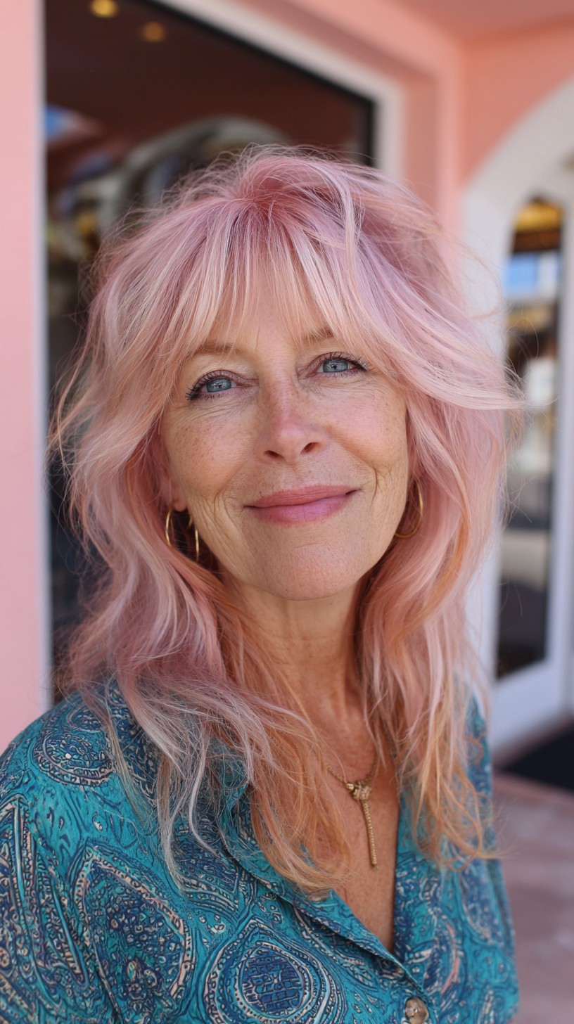 Soft Pastel Rose Layered Shag with Feathered Curtain Bangs