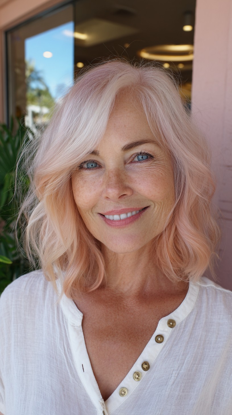 Soft Rose-Gold Shoulder-Grazing Wavy Lob with Root Shadow