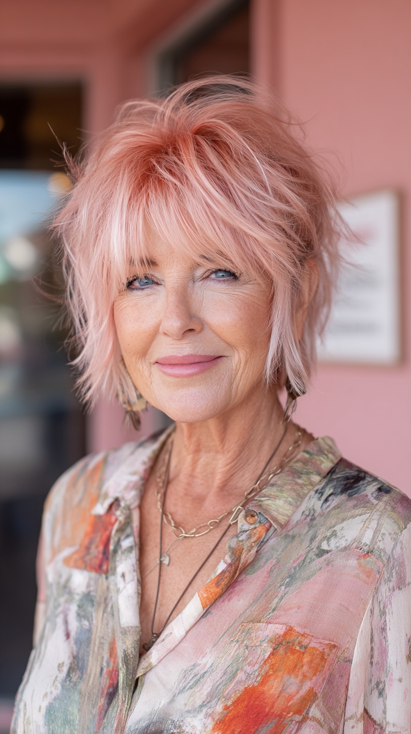 Soft Rose Textured Short Shag with Feathered Curtain Bangs