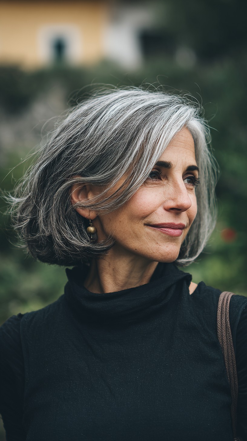 Soft Silver Ear-Sweeping Bob with Face-Framing Curtain Part