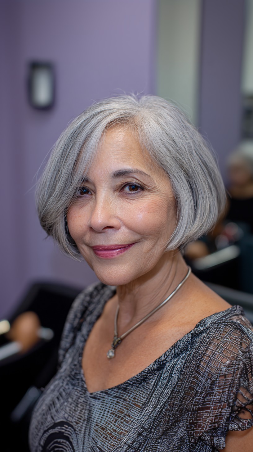 Soft Silver Jaw-Grazing Bob with Side-Swept Fringe and Gentle Internal Graduation