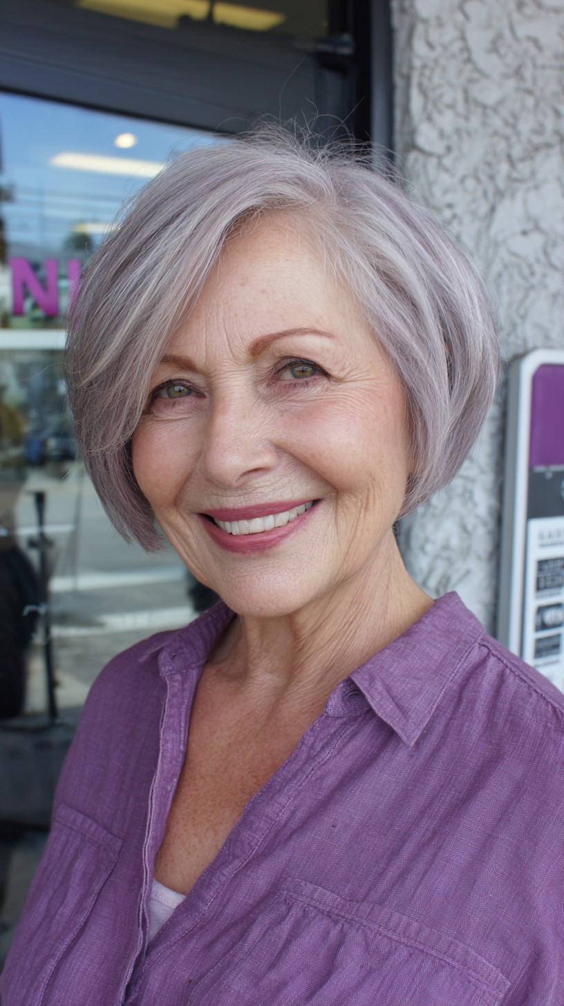 Soft Silver-Lavender Stacked Chin-Length Bob with Side-Sweep