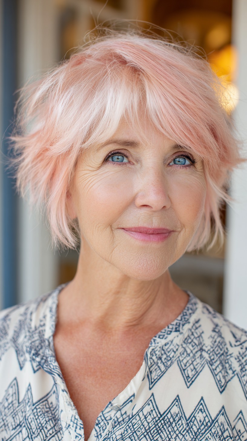Soft Textured Blush-Pink Short Shag with Feathered Fringe