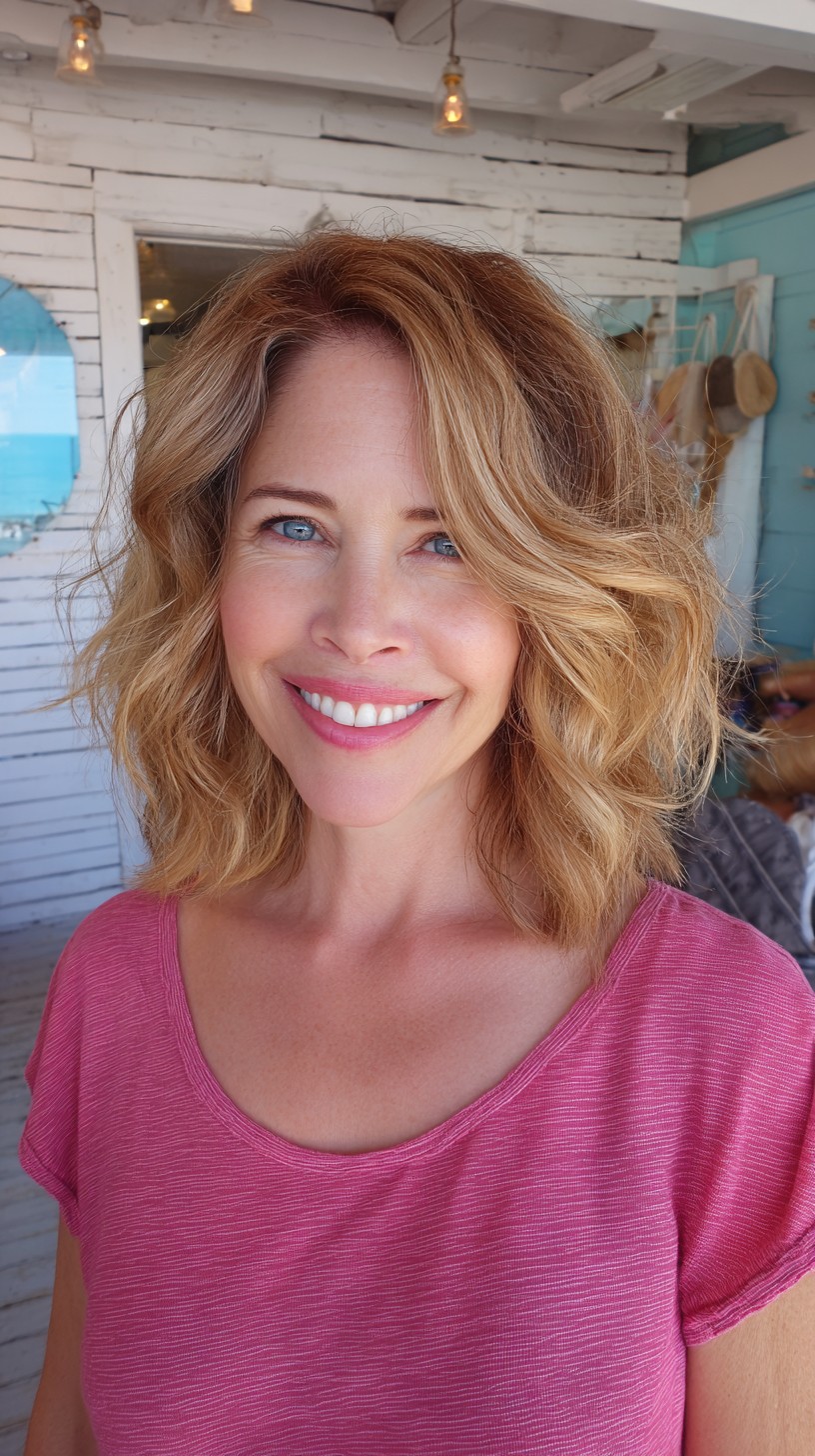 Sun-Kissed Shoulder-Length Wavy Lob with Root Shadow