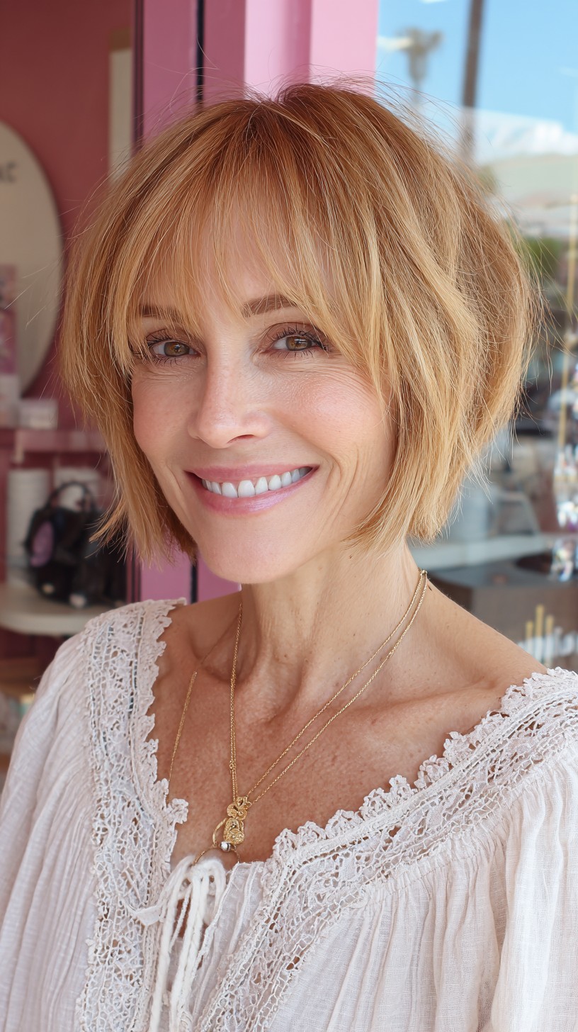 Sun-Washed Strawberry Layered Chin-Length Bob with Wispy Fringe