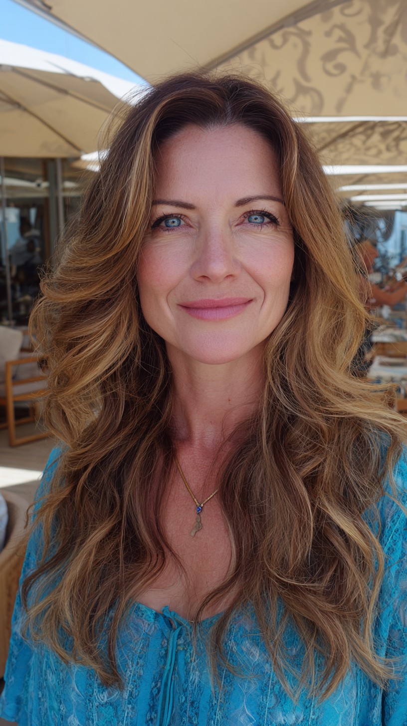 Sunlit Brunette Long Layers with Soft Face-Framing Waves