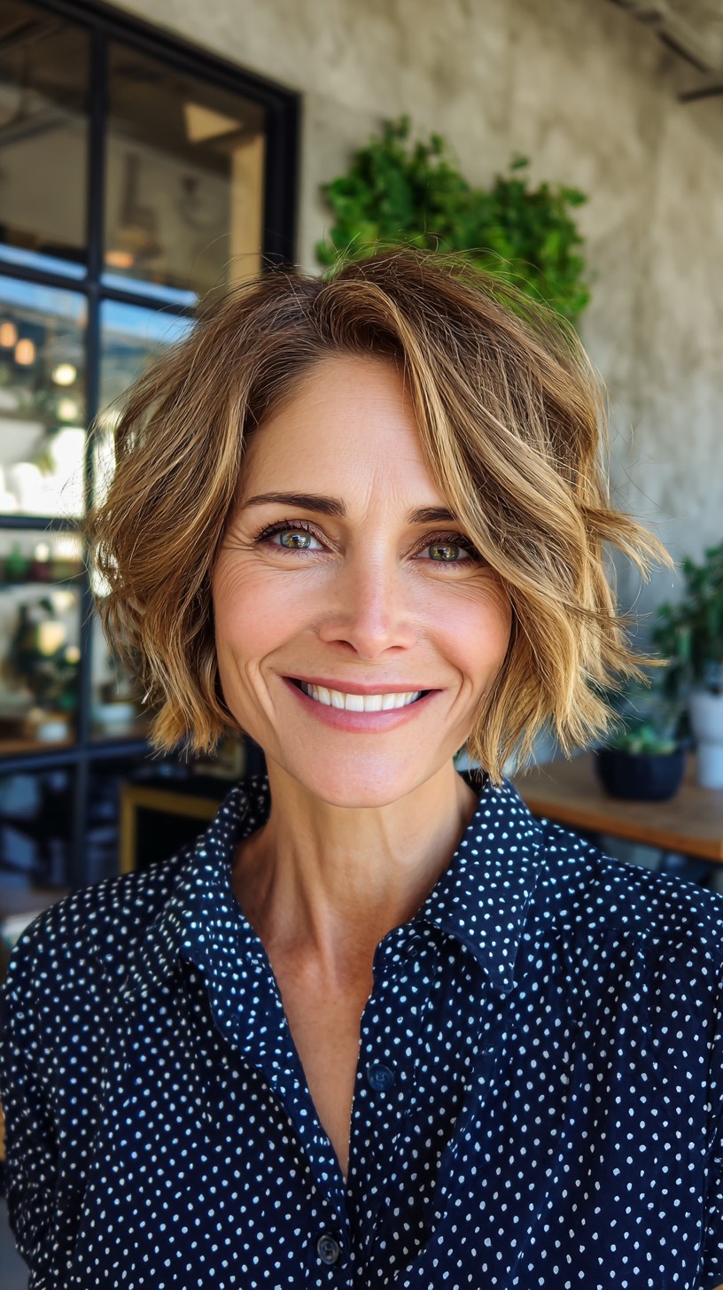 Sunlit Caramel Textured Chin-Length Layered Bob with Root Melt