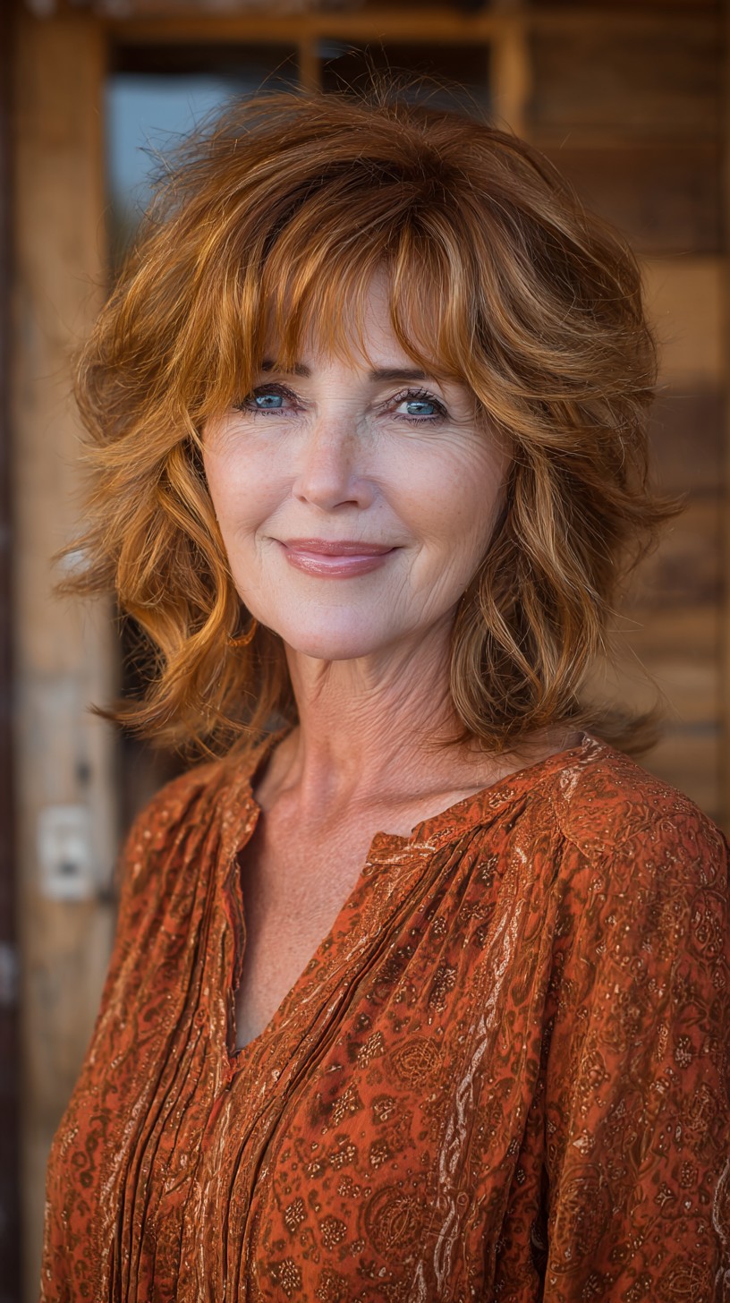 Sunlit Copper Shoulder-Length Shag with Soft Curtain Fringe