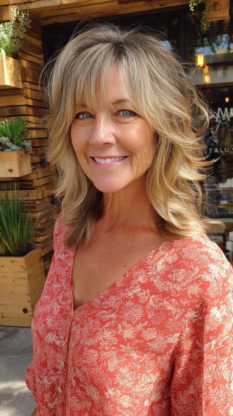 Sunlit Shoulder-Length Shag with Soft Curtain Fringe and Gray Blend