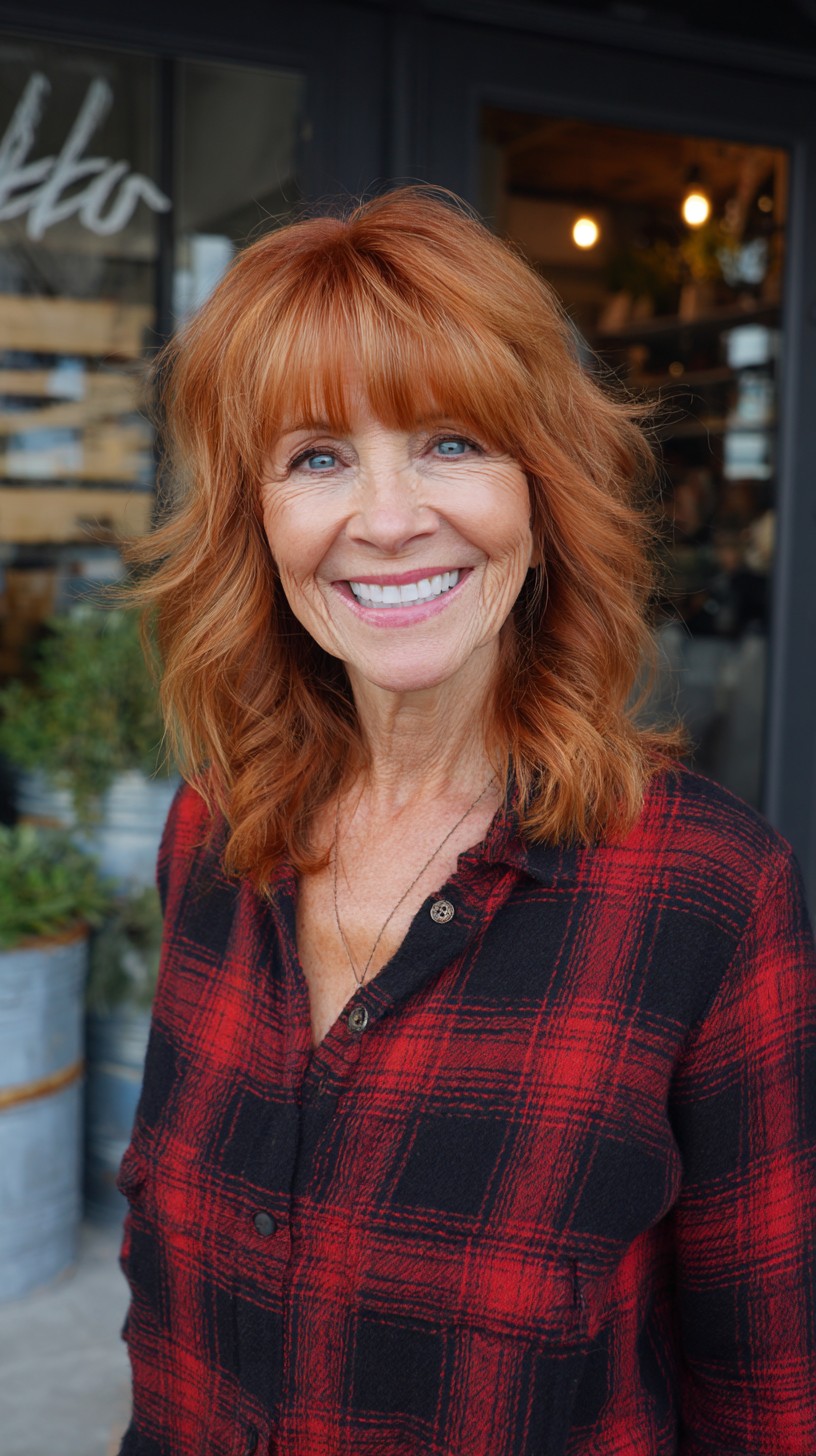 Sunset Auburn Mid-Shag with Root-Softening Shadow and Short Feathered Fringe