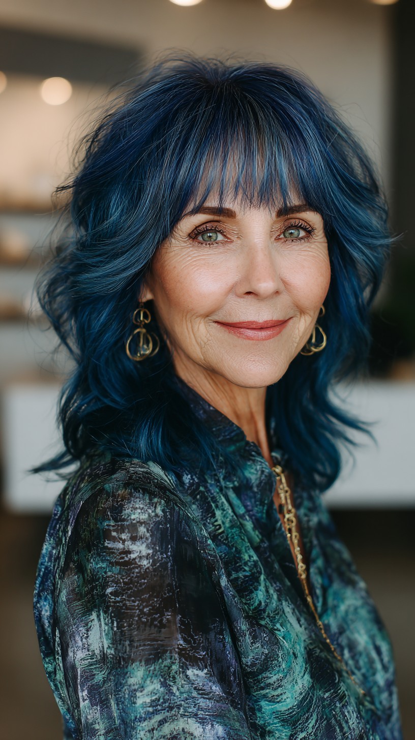 Teal-Blue Medium Shag with Wispy Micro-Bangs and Feathered Layers
