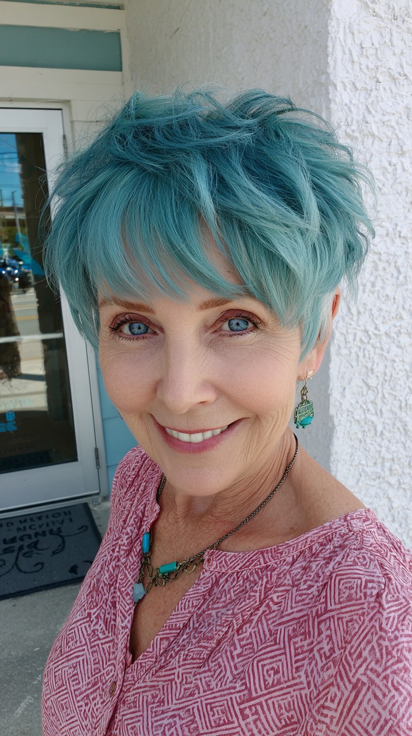 Teal Textured Short Shag with Piecey Side-Swept Fringe