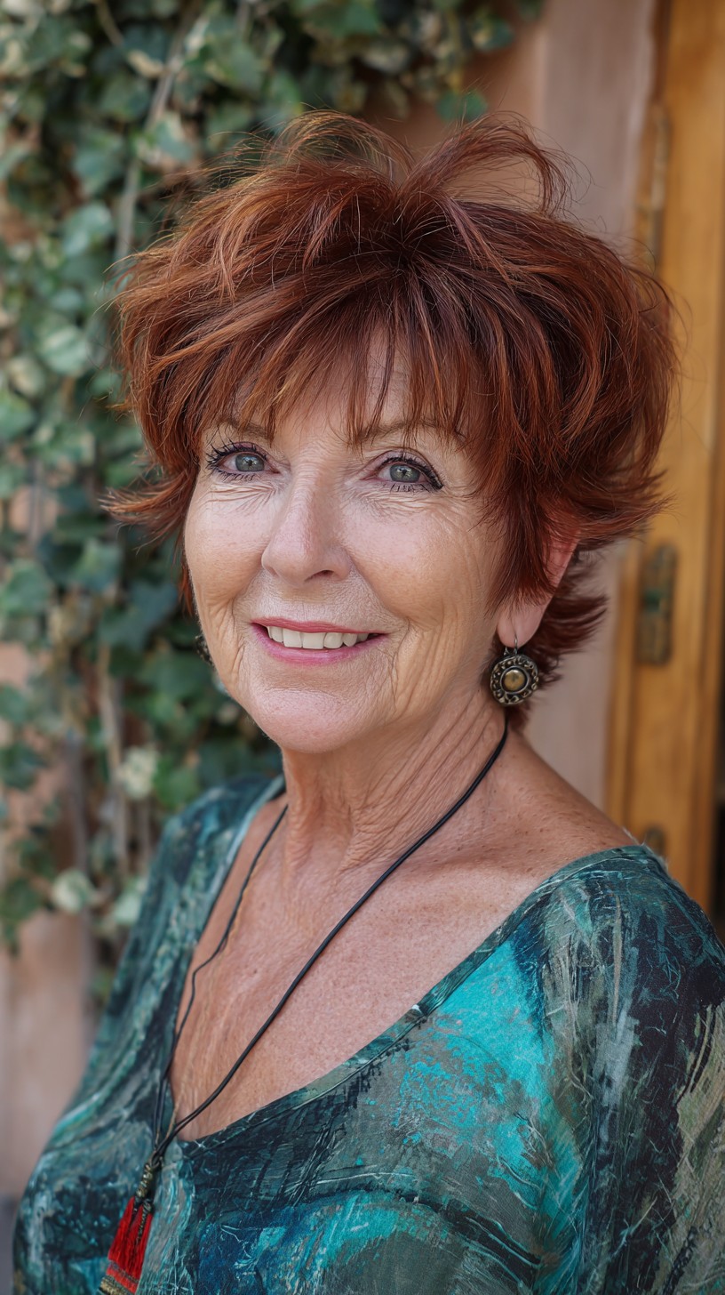 Textured Auburn Short Shag with Wispy Fringe and Crown Lift