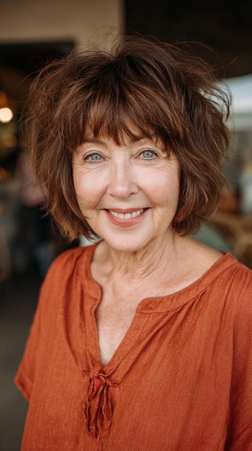 Textured Chestnut Layered Short Bob with Feathered Fringe