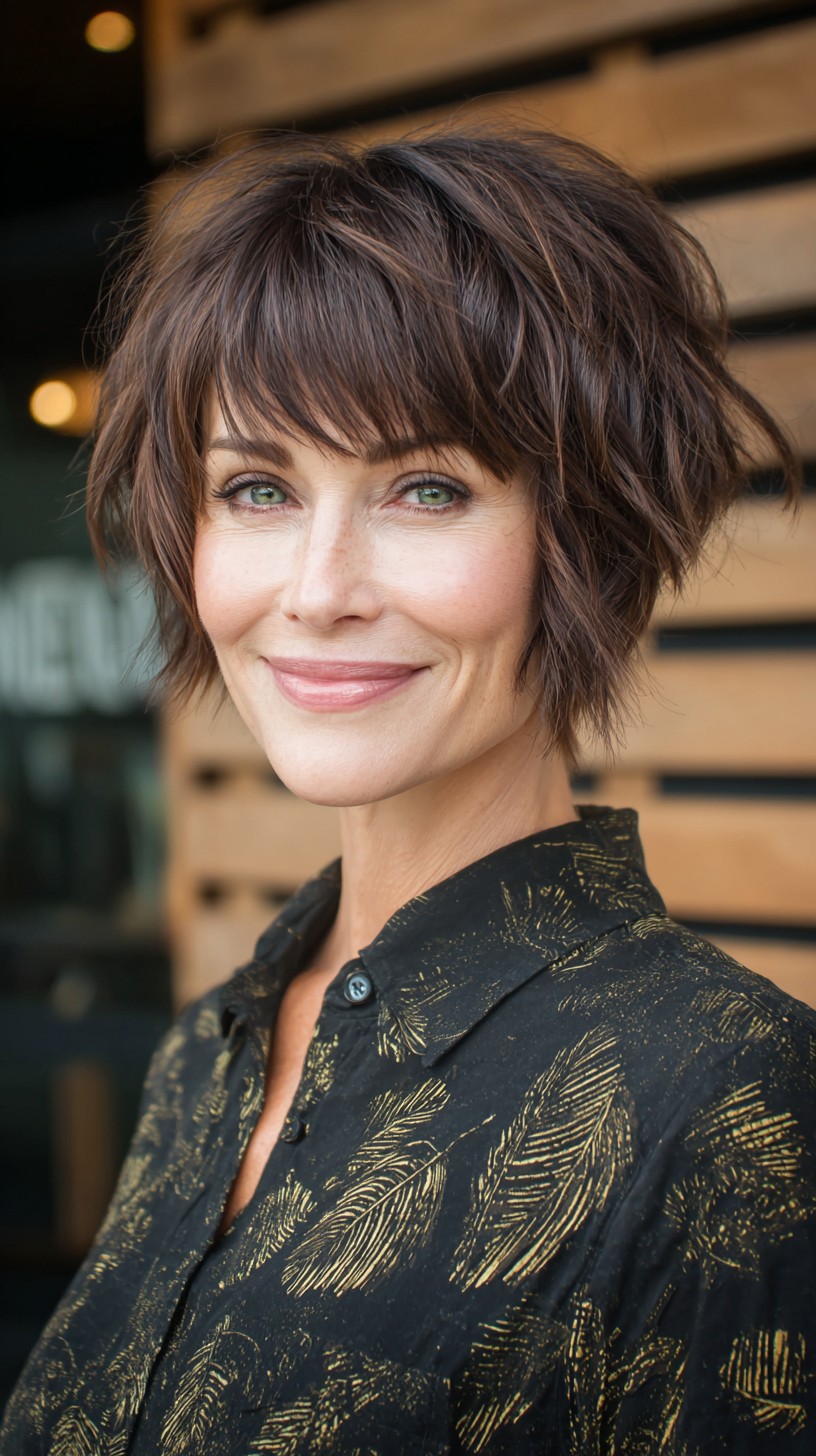 Textured Chestnut Short Layered Bob with Soft Fringe