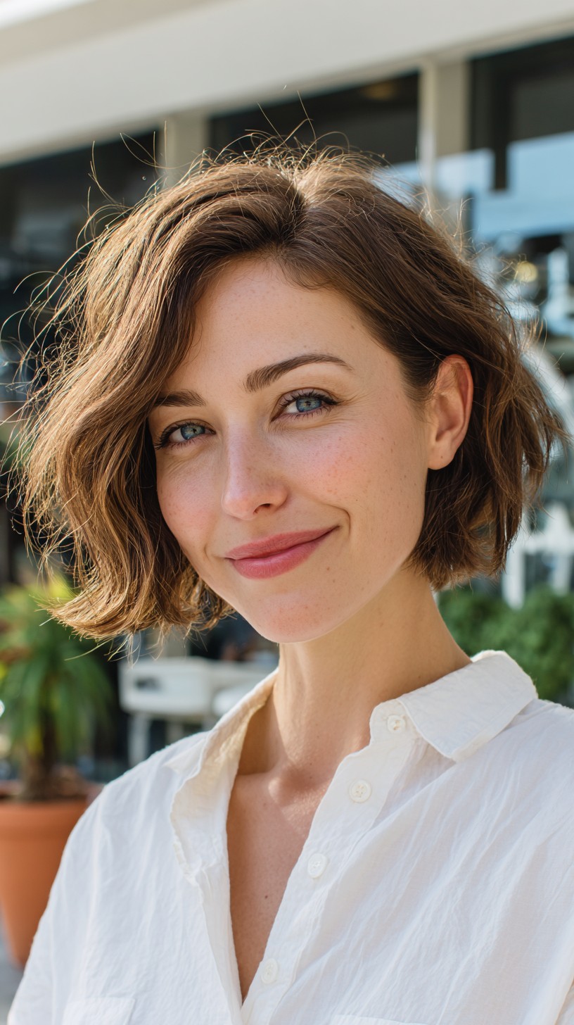 Textured Chin-Length Wavy Bob with Side-Swept Lift
