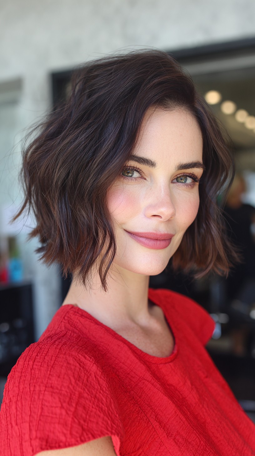 Textured Chin-Length Wavy Bob with Diagonal Face-Framing Slice
