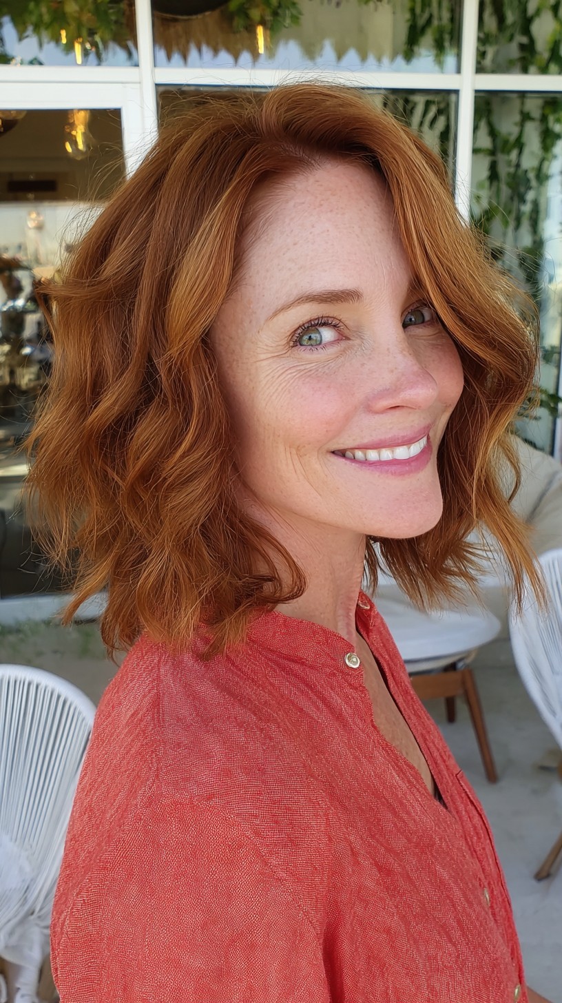Textured Copper Shoulder-Grazing Wavy Lob with Interior Face-Framing Layers