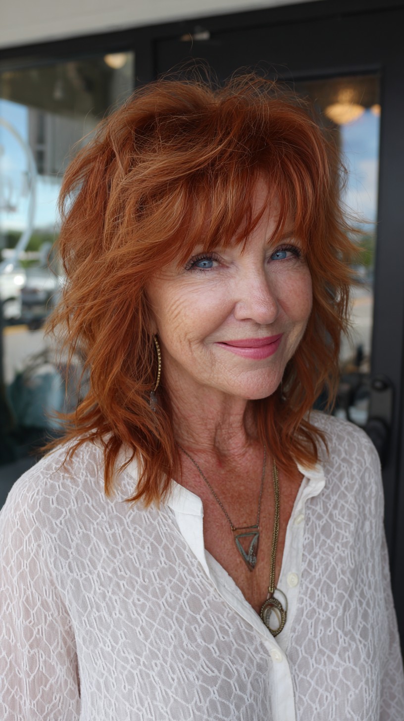 Textured Copper Shoulder-Length Shag with Wispy Micro-Bangs
