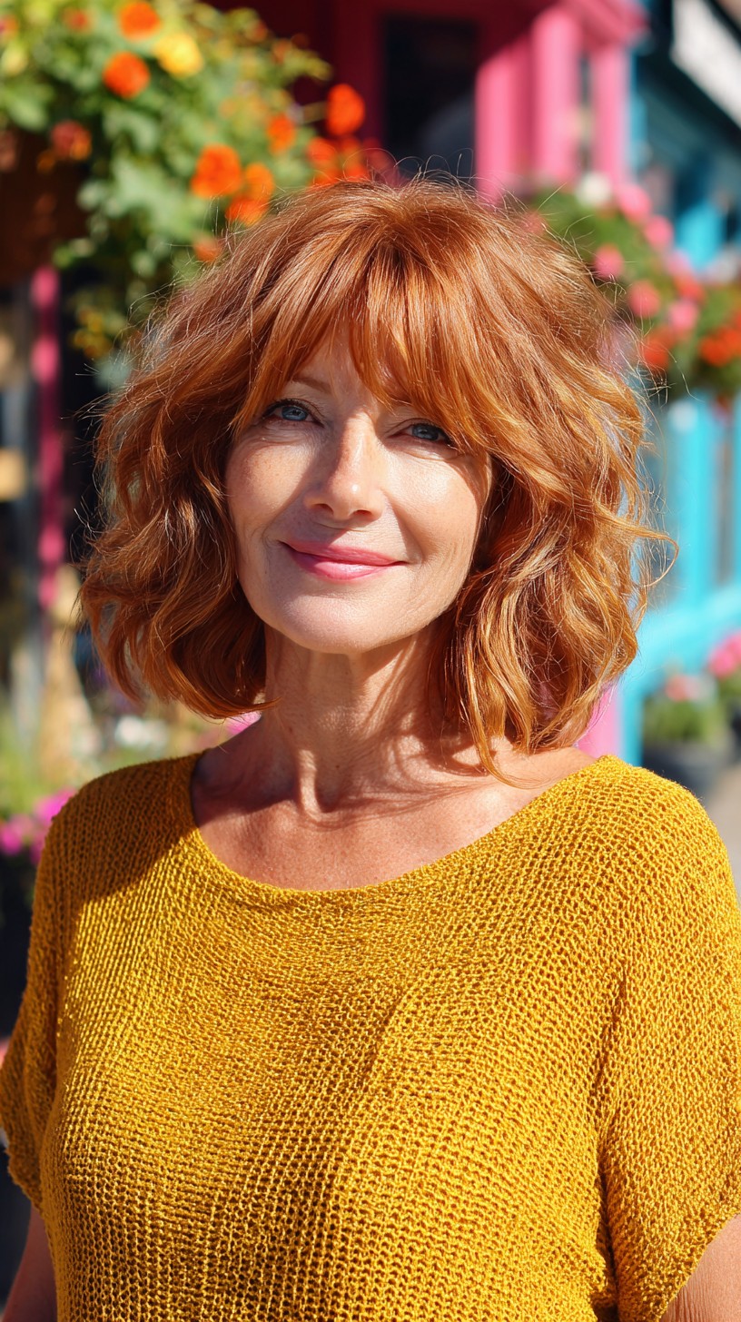 Textured Ginger Wavy Shoulder-Length Lob with Wispy Fringe