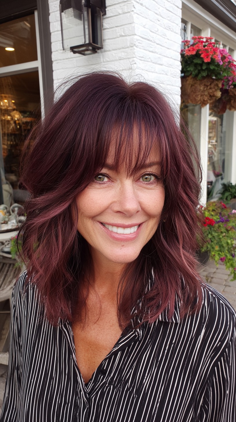 Textured Medium Shag with Feathered Curtain Fringe and Plum Balayage