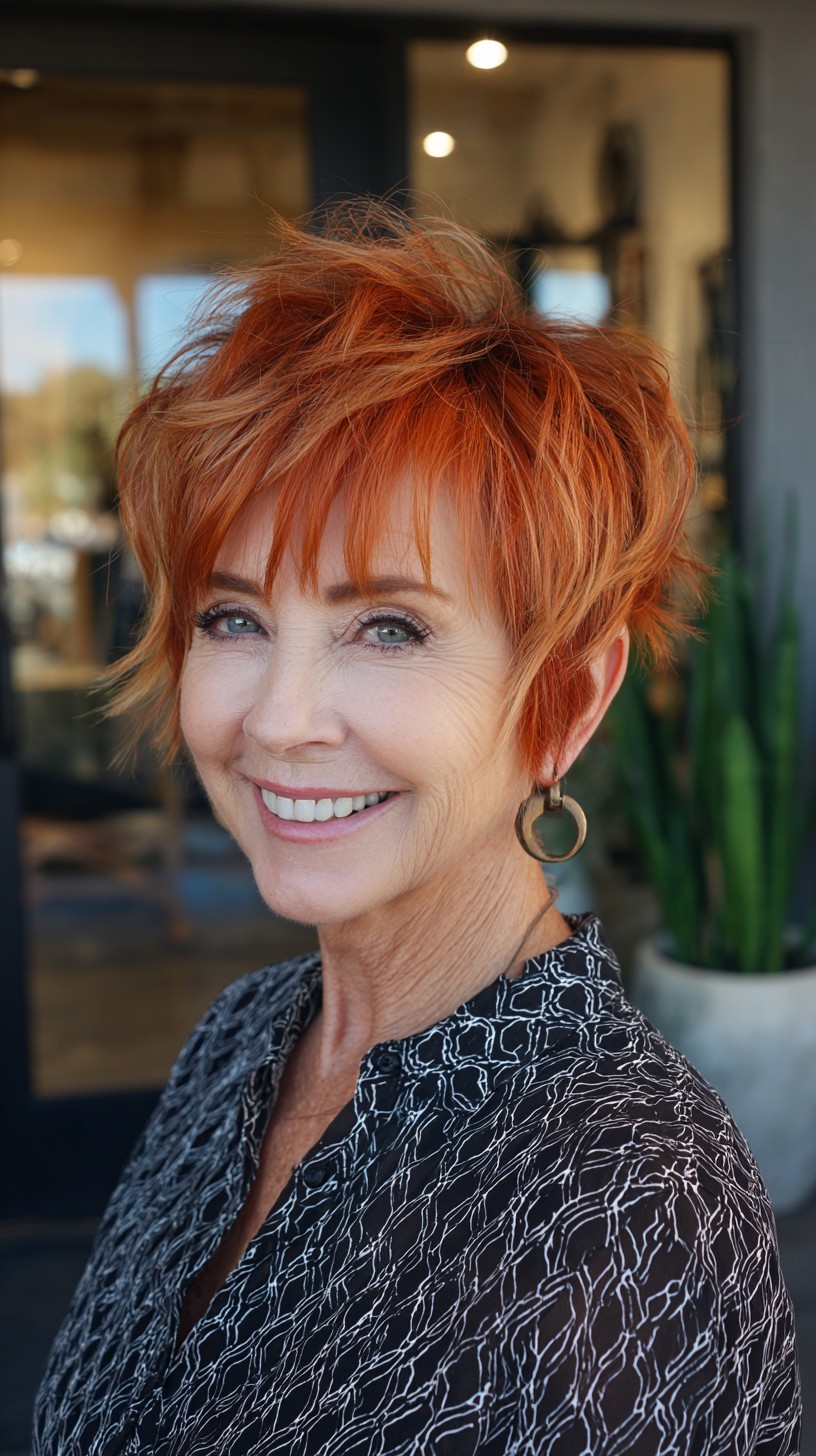 Textured Short Copper Pixie-Shag with Feathered Micro-Fringe