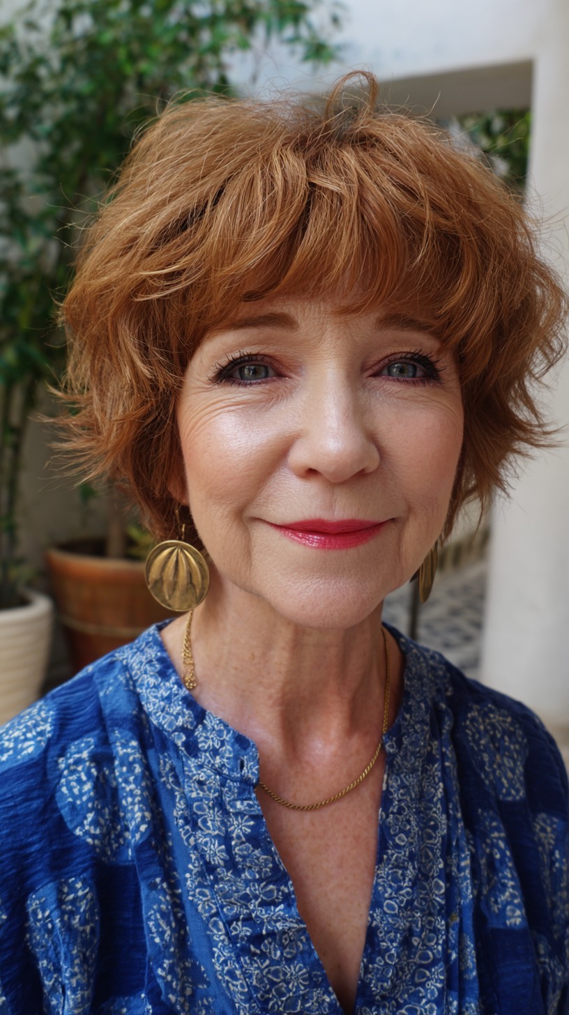 Textured Short Copper Shag with Micro-Bangs and Crown Lift