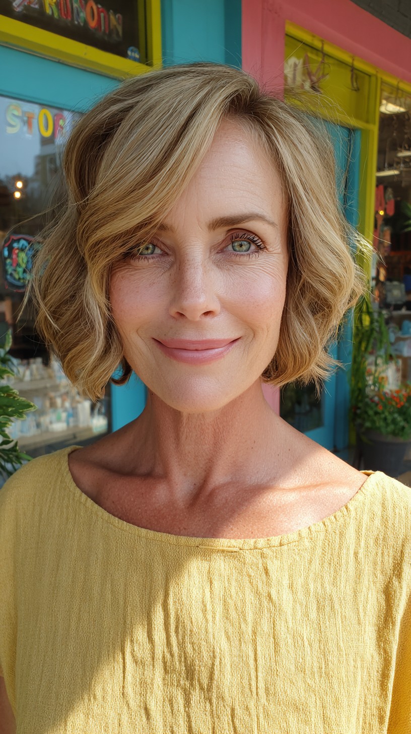 Textured Side-Swept Wavy Bob with Face-Framing Lowlights